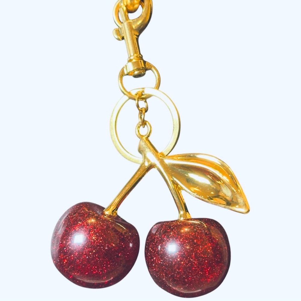 NEW Sparkling Large Cherry Bag Charm/Keychain with Gold Leaf